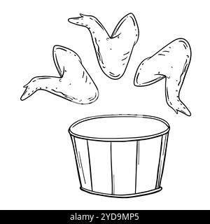 Fried chicken wings in sketch style. Street fast food drawing in line art style isolated on white. Graphic Vector illustration outline doodle icon Stock Vector