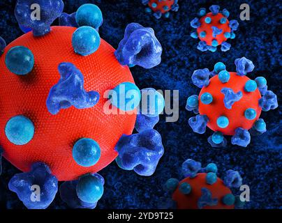 Creative artwork featuring colorized 3D prints of HIV virus particles. The virus surface red is covered with proteins dark blue that enable the virus to enter and infect human cells, and additional proteins teal spheres that disguise the virus from the immune system. A colorized transmission micrograph of an H9 T cell blue appears in the background. HIV Virus 016867 259 Stock Photo