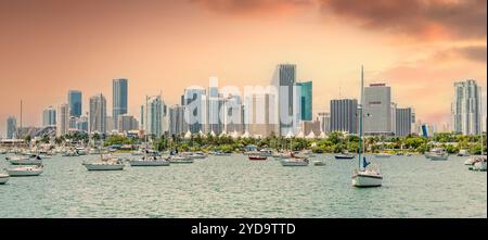 Miami skyline with yachts, boats and skyscrapers at sunset Stock Photo