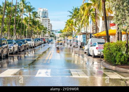 Miami, USA - September 09, 2019: Ocean Drive street in the morning in Miami South Beach in Florida Stock Photo