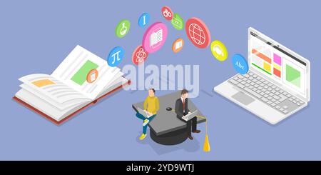 3D Isometric Flat  Conceptual Illustration of E-learning, Modern Online Education 3D Isometric Flat  Conceptual Illustration of Stock Photo