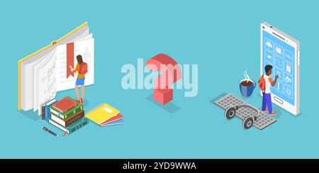 3D Isometric Flat  Conceptual Illustration of Online Learning Vs Offline Learning, Education Model Choosing 3D Isometric Flat  C Stock Photo