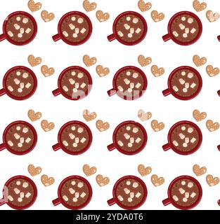 Red mug with cocoa and marshmallows, top view. Seamless pattern. Vector illustration on a white background. Stock Vector