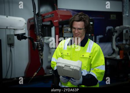 A big welding robot is being inspected and controlled by a robotics engineer. After the machine has been used for the specified Stock Photo