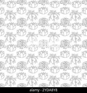 Two succulents and a cactus with many hanging shoots in doodle style. Simple seamless pattern. Vector illustration. Stock Vector