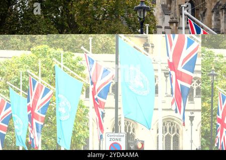 London, UK. 23rd Oct, 2024. United Nations flags fly on the flagpoles along the Union Jacks a day before the United Nations Day, at the Parliament Square in London. United Nations Day is an annual commemorative day which reflecting the official creation of the United Nations on the 24 October 1945. (Credit Image: © Krisztian Elek/SOPA Images via ZUMA Press Wire) EDITORIAL USAGE ONLY! Not for Commercial USAGE! Stock Photo