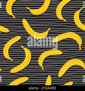 Banana seamless vector pattern with black polka dots on a white background, textile, scrapbook. Vector illustration Stock Vector