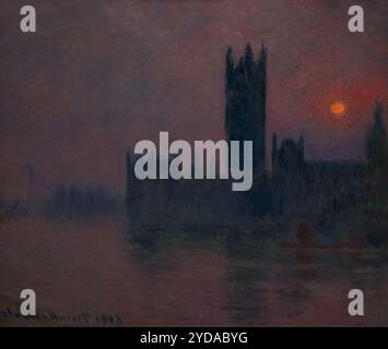 Claude Monet painting; The Houses of Parliament, Sunset. 1903. River Thames, London and sunset landscape. Impressionist art, 1900s. Stock Photo