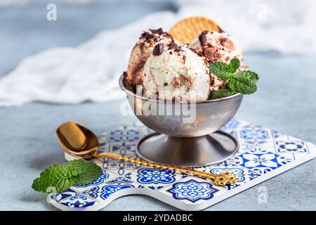Chocolate and vanilla ice cream in a metal bowl. Stock Photo