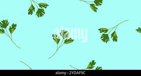Fresh parsley leaves on light blue background, seamless pattern, vector illustration Stock Vector