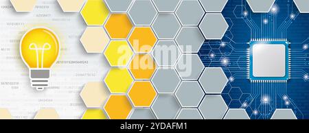 Hexagon structure with a bulb and microchip on the gray and blue background. Eps 10 vector file. Stock Photo