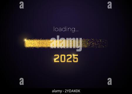 2025 loading progress bar reaching the end of 2024. Happy New Year vector. New year's eve digital loading screen with glitter confetti festive element Stock Vector