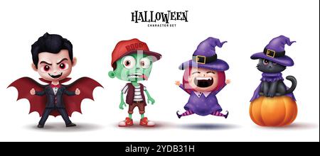 Halloween characters vector set design. Halloween cute cartoon character like vampire, zombie, witch, cat and pumpkin collection. Vector illustration Stock Vector