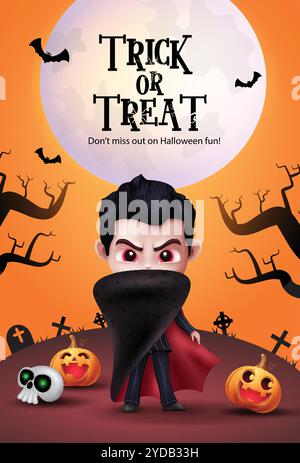 Dracula character vector poster design. Halloween trick or treat greeting card with vampire boy character cover with cape and robe elements Stock Vector