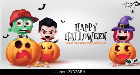 Happy halloween text vector design. Halloween greeting card with zombie, vampire, witch characters and pumpkins elements. Vector illustration seasonal Stock Vector