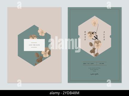 Vintage wedding invitation card template design, pansy flowers with leaves in blue and brown theme Stock Vector