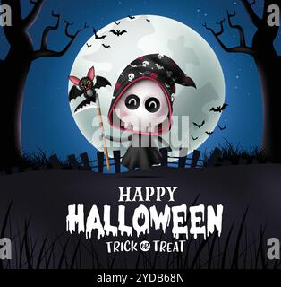 Halloween grim reaper character vector design. Happy halloween greeting text with skull grim reaper character costume in moon night background. Vector Stock Vector