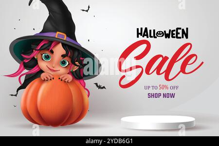 Halloween sale text vector banner design. Halloween podium stage with witch girl character and pumpkin elements for shopping discount promo offer Stock Vector