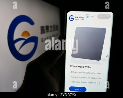 Germany. 14th June, 2024. In this photo illustration, a person is holding a cellphone with the webpage of Chinese photovoltaics company Gokin Solar Co. Ltd. in front of logo. (Credit Image: © Timon Schneider/SOPA Images via ZUMA Press Wire) EDITORIAL USAGE ONLY! Not for Commercial USAGE! Stock Photo