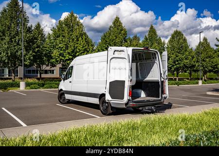 Small Industrial carrier compact white maneuverable and economical cargo mini van make delivery to the customer standing with open back doors on the p Stock Photo