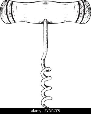 An elegantly designed corkscrew for passionate wine lovers, merging vintage style with impressive functionality. Hand drawn vector black-and-white graphics in line art for printed materials, interiors and more.  Stock Vector