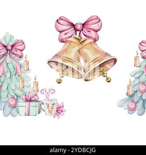Christmas watercolor seamless border - christmas tree, compositions with holly green leaves and mistletoe, red berries. Jingle golden bell with bow Stock Vector