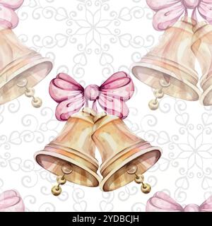 Christmas watercolor seamless pattern - Jingle golden bell with bow. Openwork snowflake. Winter composition, decor. December nature. For wallpaper Stock Vector