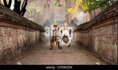 Khon, Is a classical Thai dance in a mask. In Ramayana literature, this is the battle between the giant and Hanuman. Stock Photo