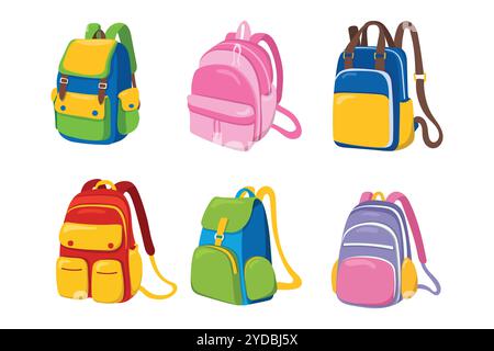 Six cartoon backpacks in various colors, with pockets and straps. Stock Vector