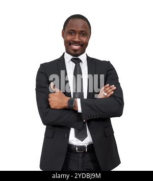 Smiling african businessman with thumbs up isolated on white background Stock Photo