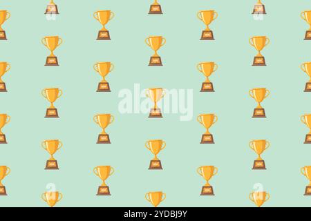 A repeating pattern of golden trophies on a light blue background. Stock Vector