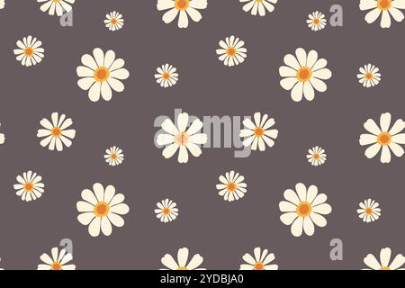 A repeating pattern of stylized white daisies with yellow centers on a dark gray background. Stock Vector