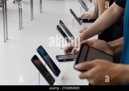 The new iPhone 16 series are displayed at an Apple Store in Shanghai, China, on Monday, October 14, 2024. Stock Photo