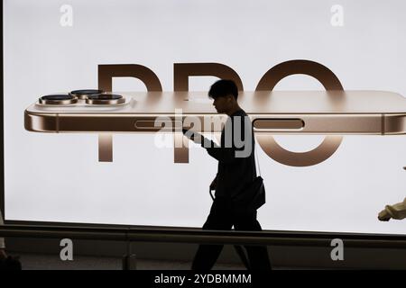 Advertising for the new iPhone 16 Pro is seen in a subway station in Shanghai, China, on Tuesday, October 15, 2024. Stock Photo