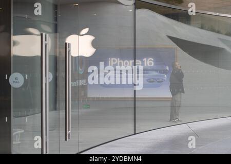 Advertising for the new iPhone 16 is seen at Apple Jing'an Store in Shanghai, China, on Tuesday, October 15, 2024. Stock Photo