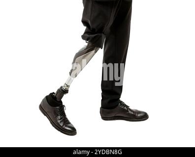 Cropped view of Disabled man with prosthetic leg, isolated on white background Stock Photo
