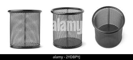 empty black metal mesh pencil holders isolated white background, sturdy minimalist desk accessory in different angles Stock Photo