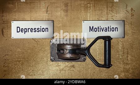 Signposts the direct way to Motivation versus Depression - Bildmontage Stock Photo