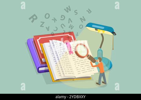 Isometric Flat  Concept of Literature Reading, Language Learning, Searching Through Dictionary, Vocabulary Development. Isometri Stock Photo