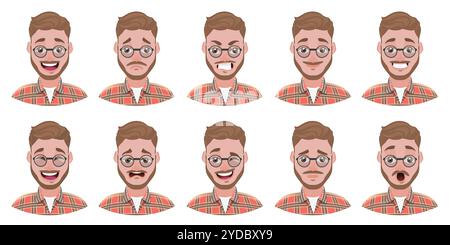 Flat  Illustration of Handsome Bearded Man, Emoji Character with Set of Facial Expressions. Flat  Illustration of Handsome Beard Stock Photo