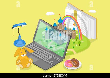 3D Isometric Flat  Conceptual Illustration of Child Reading Online, E-learning and Education. 3D Isometric Flat  Conceptual Illu Stock Photo