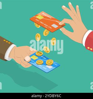 Isometric flat  concept of online bank tranfer, online banking, card to card money sending. Isometric flat  concept of online ba Stock Photo