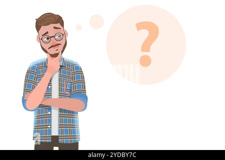 3D Flat  Conceptual Illustration of Handsome Bearded Man is Thinking with Question Mark Next to Him. 3D Flat  Conceptual Illustr Stock Photo