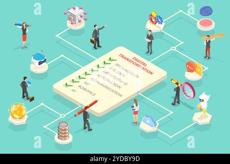 3D Isometric Flat  Conceptual Illustration of Digital Transformation Areas Which are Big Data, Networking, Automation, Communica Stock Photo