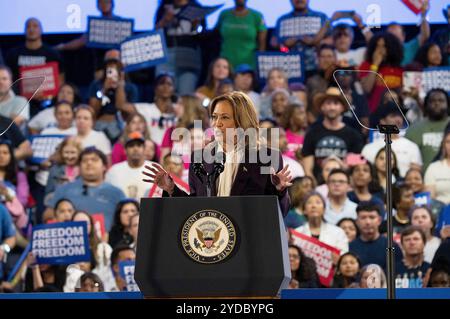 Houston, USA. 25th Oct, 2024. Democratic presidential nominee and Vice President Kamala Harris speaks during a campaign event at Shell Energy Stadium on Friday October25, 2024 in Houston, Texas. Photo: Trish Badger/imageSPACE/Sipa USA Credit: Sipa USA/Alamy Live News Stock Photo