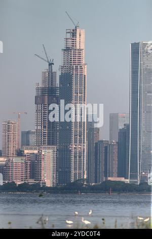 Vertical view of skyscrapers under construction, Shenzhen, China, with waters of  Deep Bay in foreground - Concepts - construction, Chinese economy.. Stock Photo