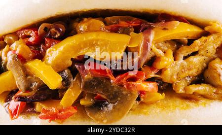 Pita stuffed with chicken, mushrooms, onions and peppers Stock Photo