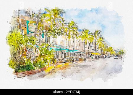 Watercolor painting illustration of famous Ocean Drive street in the morning in Miami South Beach in Florida Stock Photo