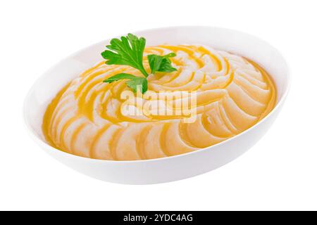 Bowl with mashed potatoes on white background Stock Photo