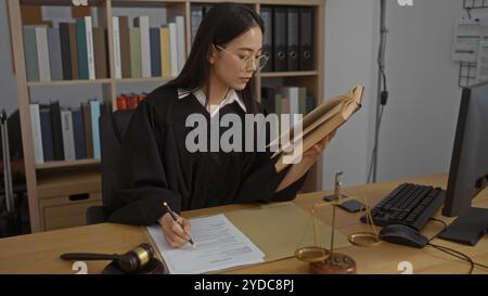 Woman reading book and taking notes in office with legal documents and scales on desk Stock Photo